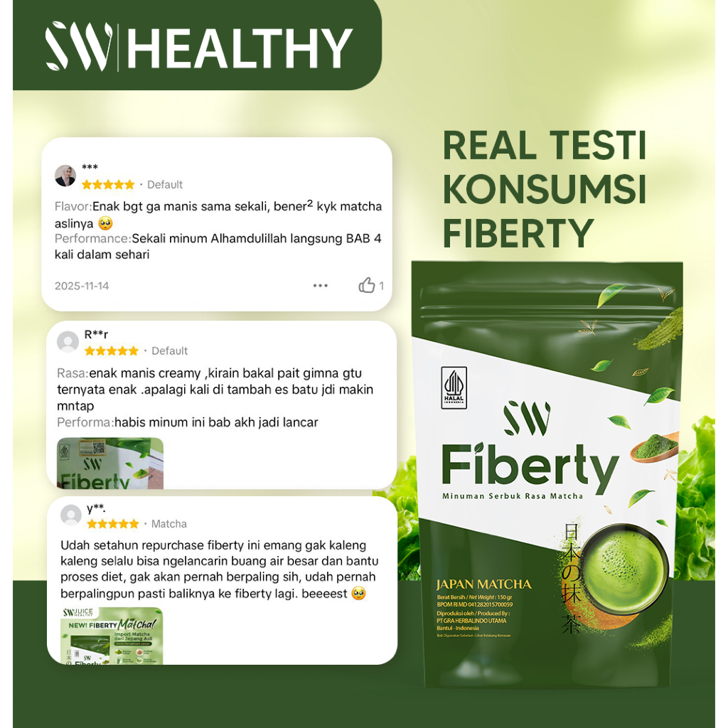 Sarwendah SW Fiberty [ 150 gr ] Fiber Rasa Matcha import Jepang / Fiber Pelancar BAB