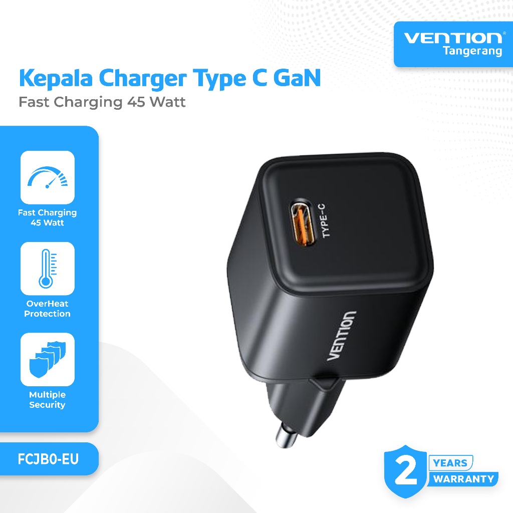 Vention Adaptor Kepala Charger GaN Dash Type C Port Fast Charging 45 Watt PD PPS Black - FCJB0-EU
