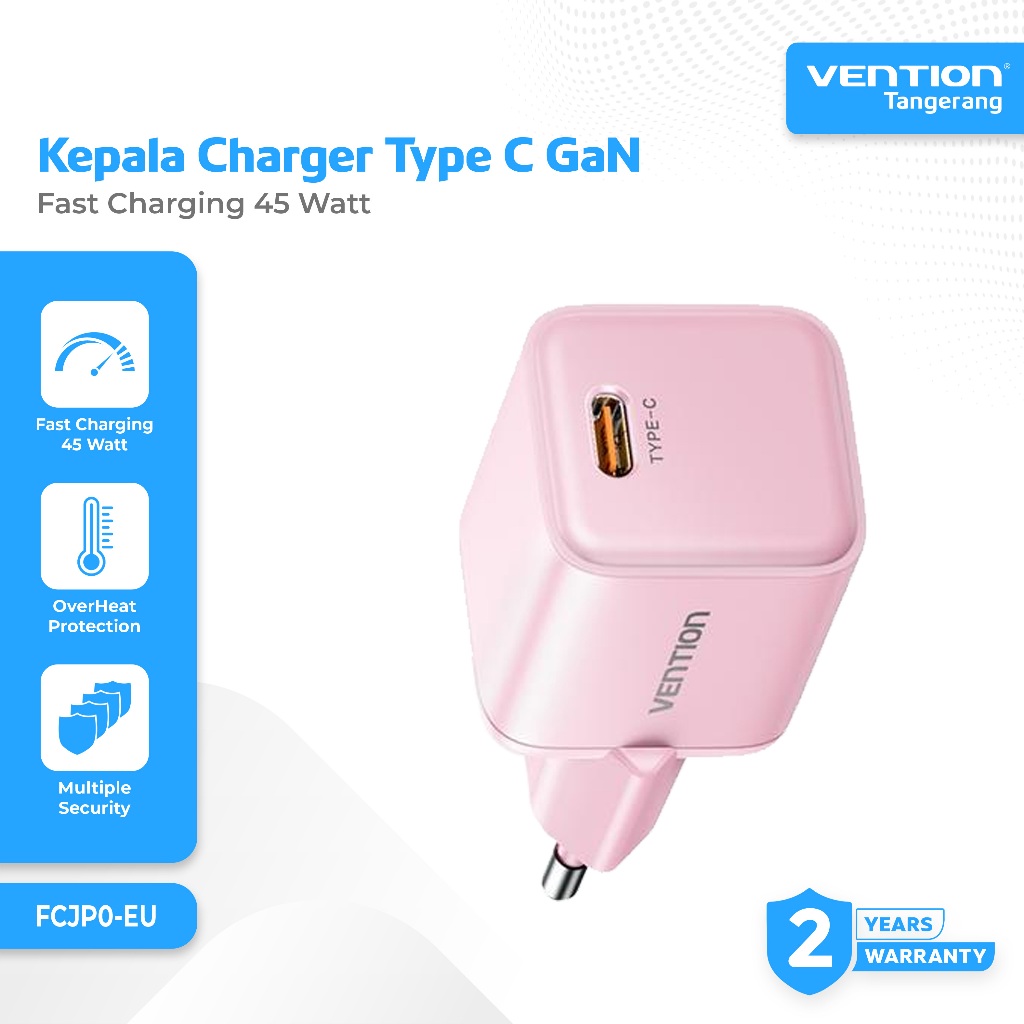 Vention Adaptor Kepala Charger GaN Dash Type C Port Fast Charging 45 Watt PD PPS Pink - FCJP0-EU
