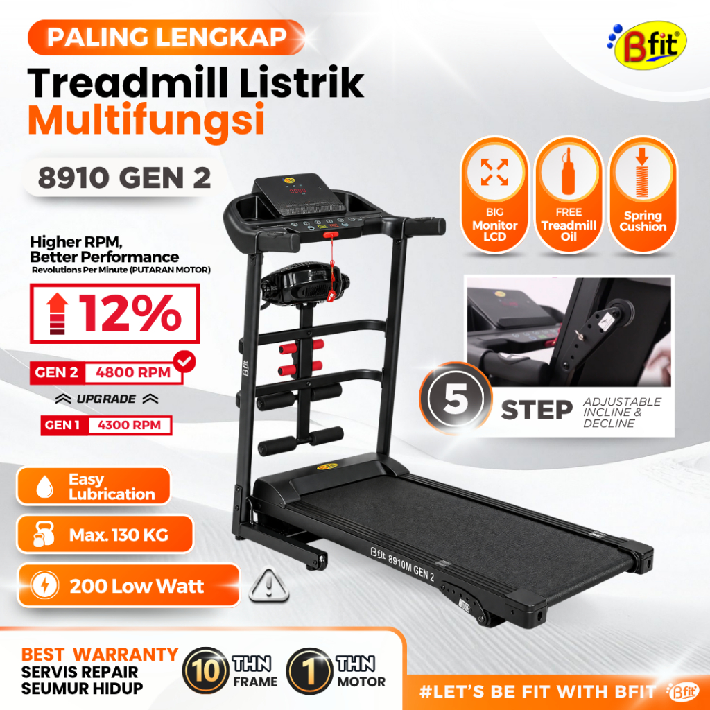 Treadmill Elektrik BFIT 8910 Multifungsi Murah Listrik Lipat Portable Low Watt Fitness Gym