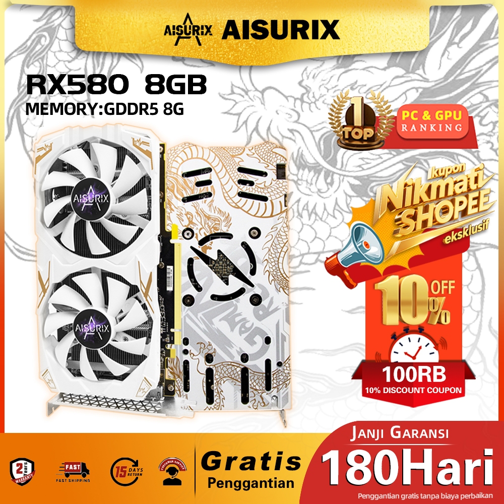 AISURIX VGA AMD RX 580 8GB VGA Card ddr5 256Bit 2048SP HDMI RADEON New PC Gaming VGA