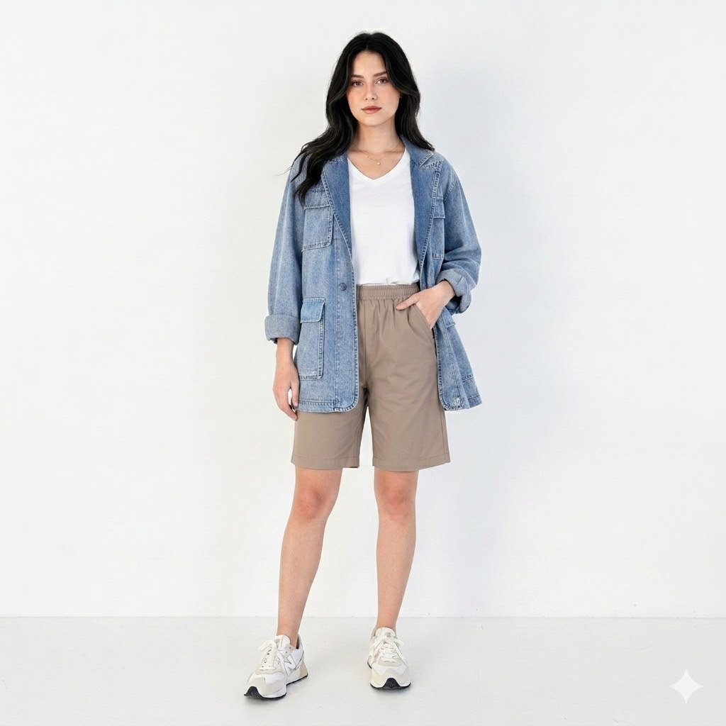 The Modern Explorer Set Kombinasi Eksklusif Blazer Jeans Struktur dan Celana Pendek Katun untuk Gaya