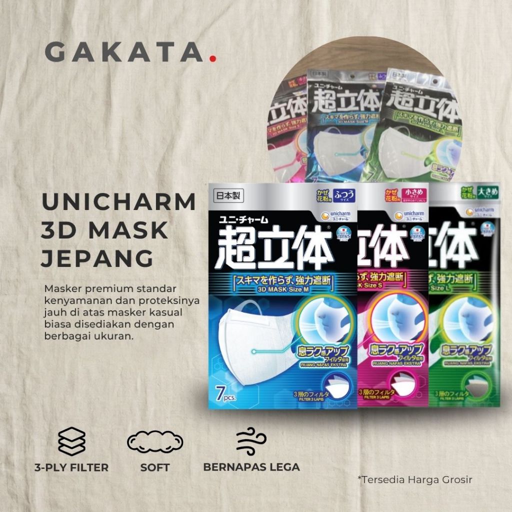 UNICHARM 3D Masker Jepang 7pcs Size S M L Warna Merah Biru Hijau