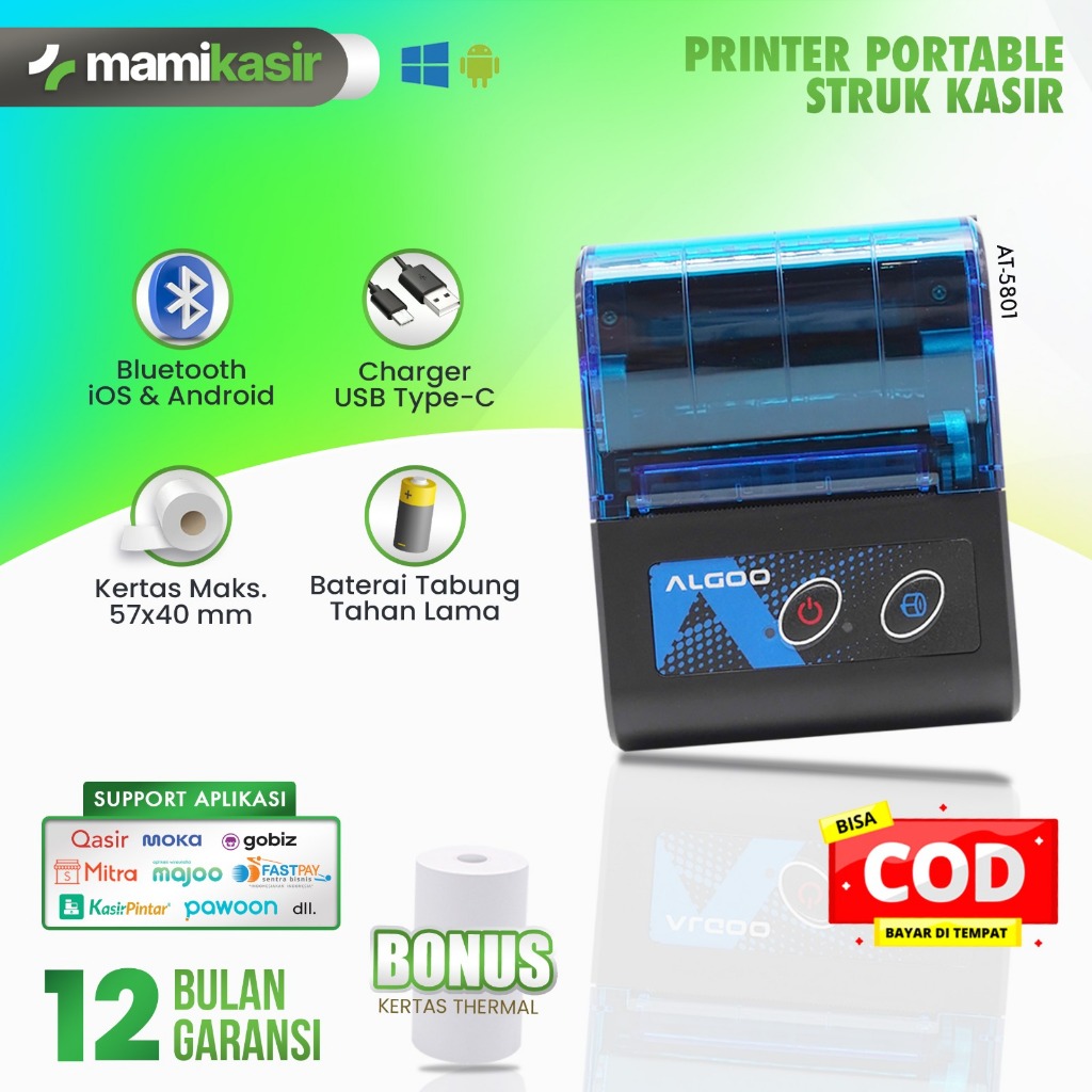ALGOO AT-5801 Printer Thermal Bluetooth Cetak Struk Nota