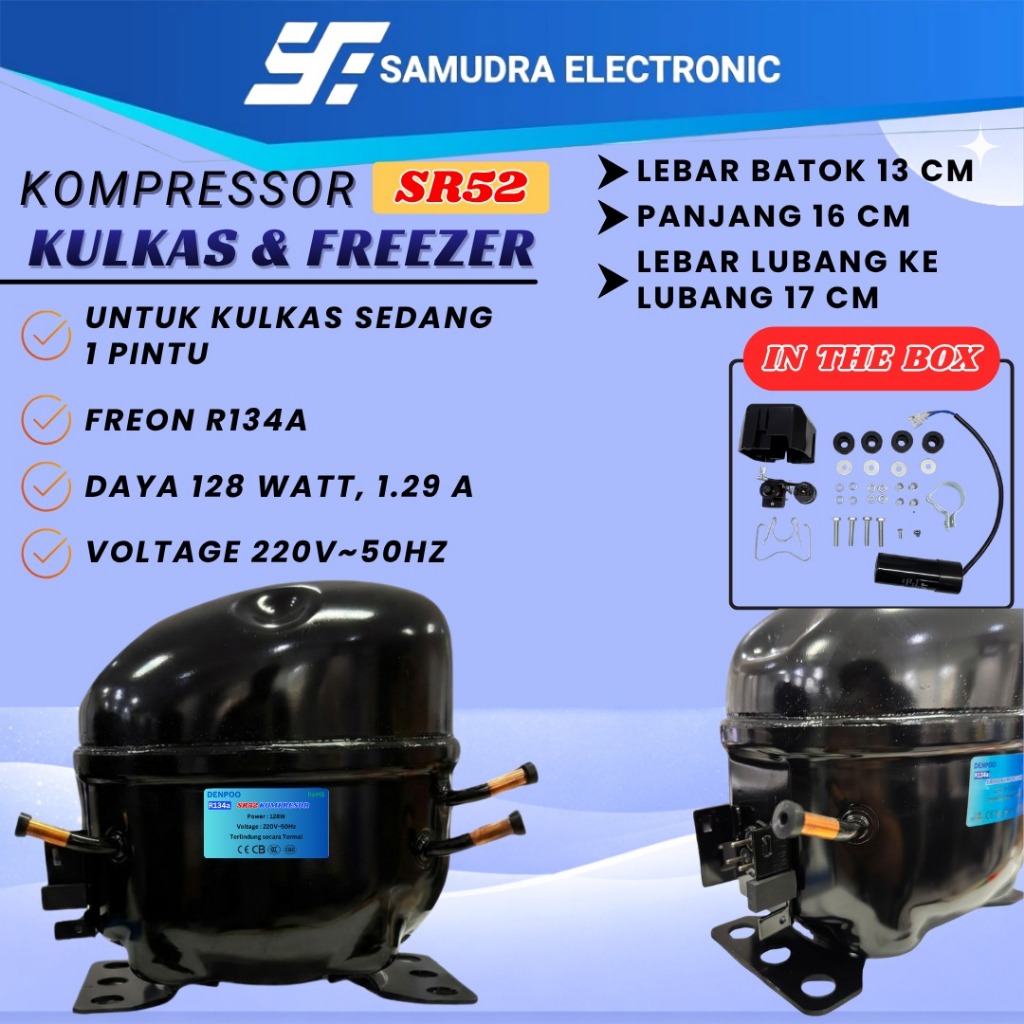 Denpoo Kompresor Kulkas Freezer Showcase Hemat Listrik R134A SR52 - 1/6PK