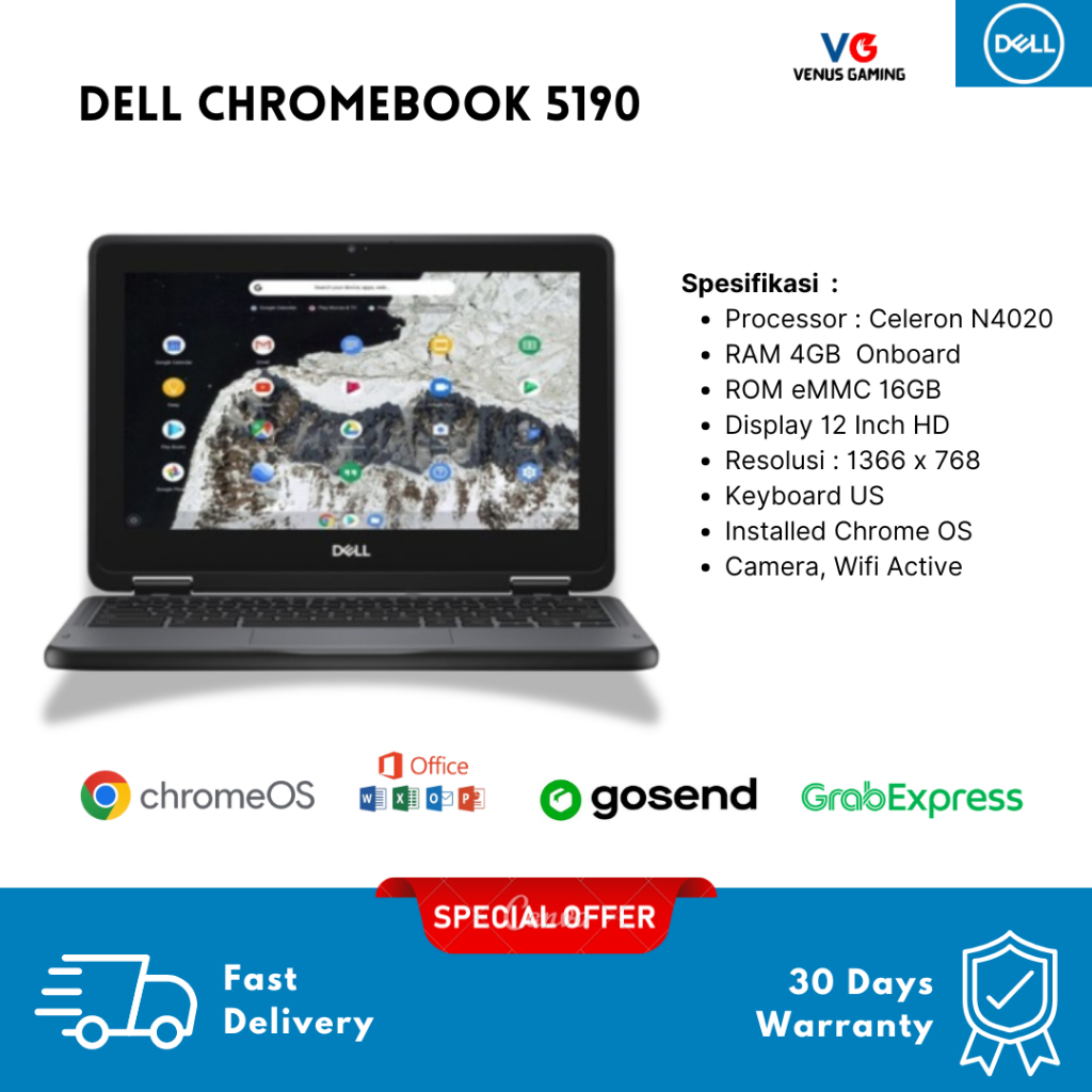 Laptop Sekolah Murah Dell Chromebook 5190 Prosesor Celeron N4020 Layar 12 Ringan