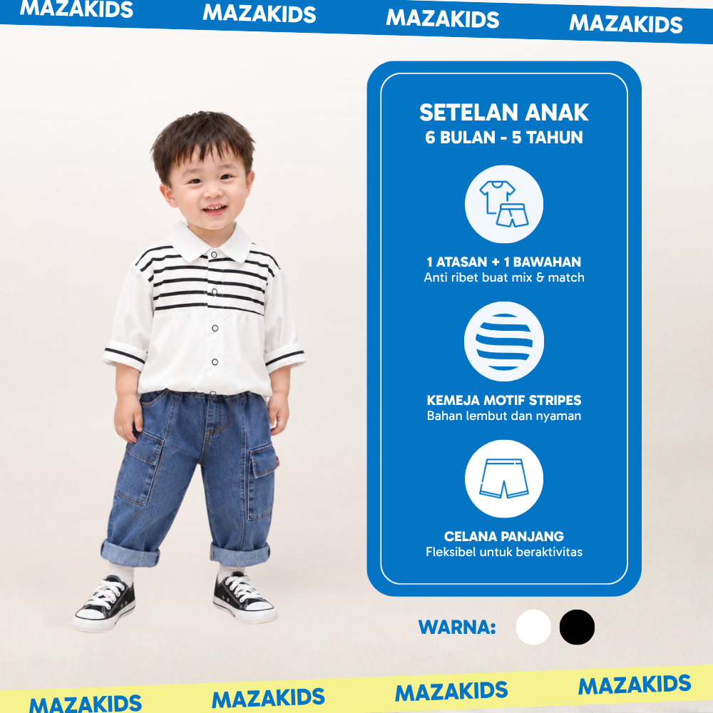 Mazakids Setelan Anak Laki Laki Kemeja Garis Hitam & Putih Usia 6 Bulan - 5 Tahun Premium