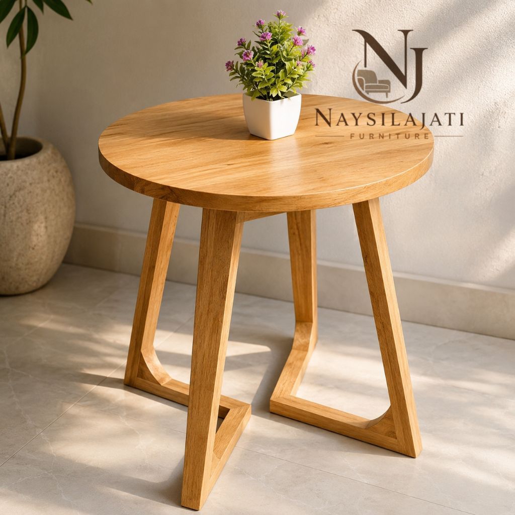 Meja Bulat Minimalis Scandinavian Kayu jati Solid | Coffee Table Ruang Tamu