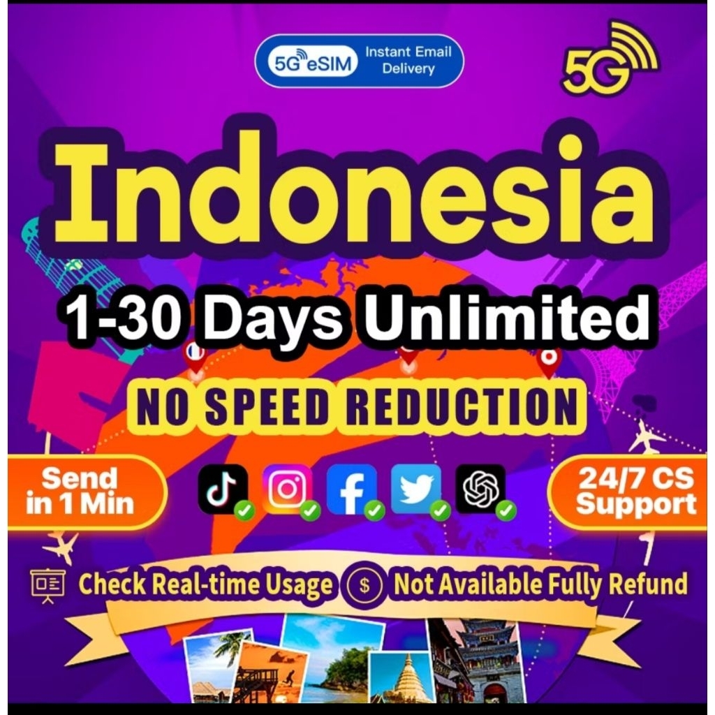 Indonesia eSIM 5G High speed 30 days 5GB-15GB  data Telkomsel/Indosat eSIM