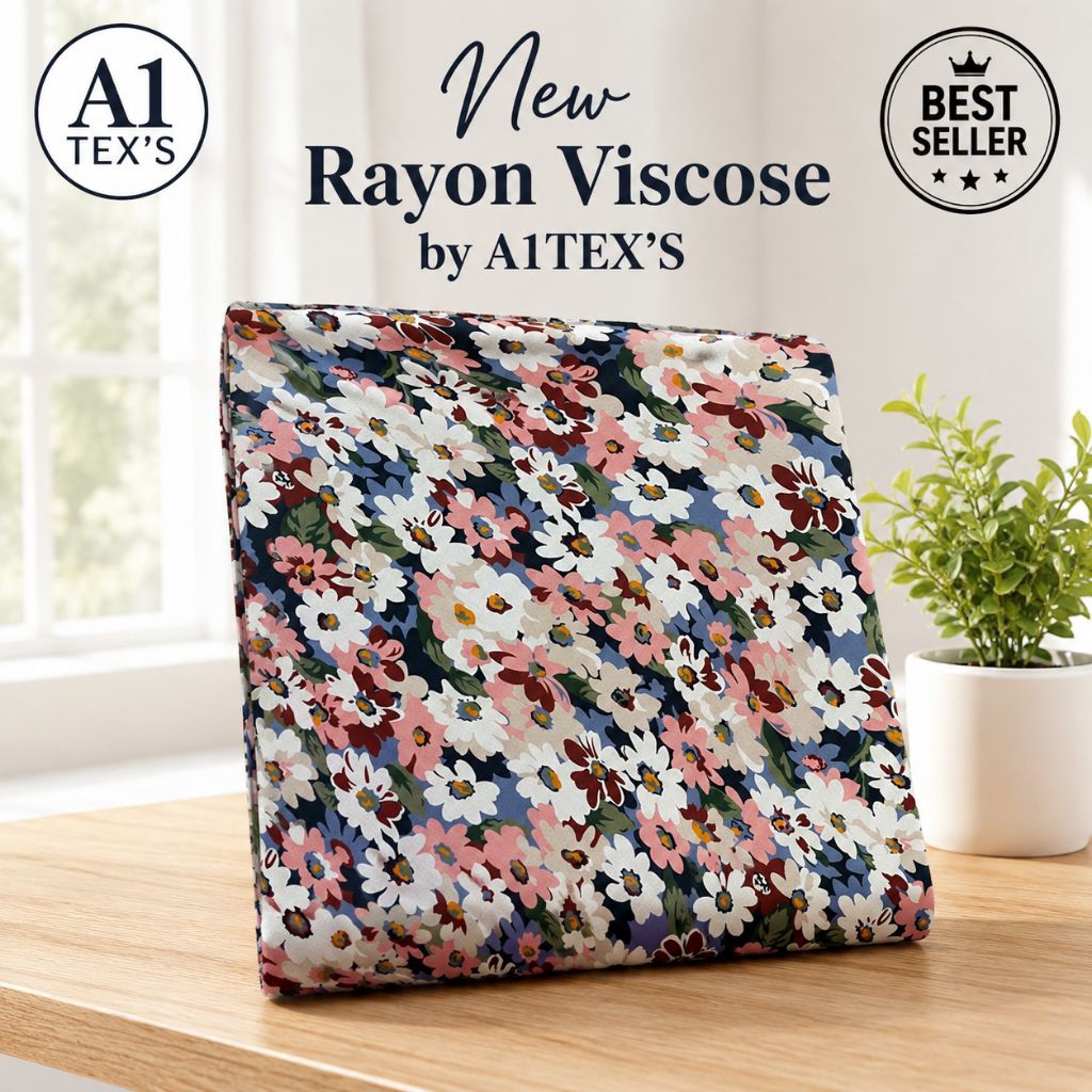 Kain Katun Rayon Viscose Premium - Kain Rayon Viscose Premium Motif Bunga Daisy Navy PinkNew Rayon V