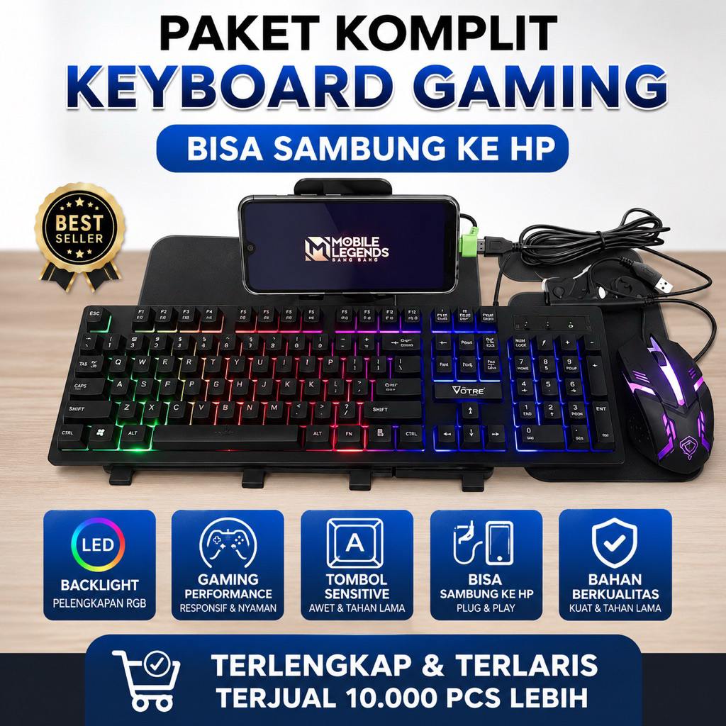 Keyboard Gaming Paket Komplit Koneksi ke HP Bisa dipakai di HP