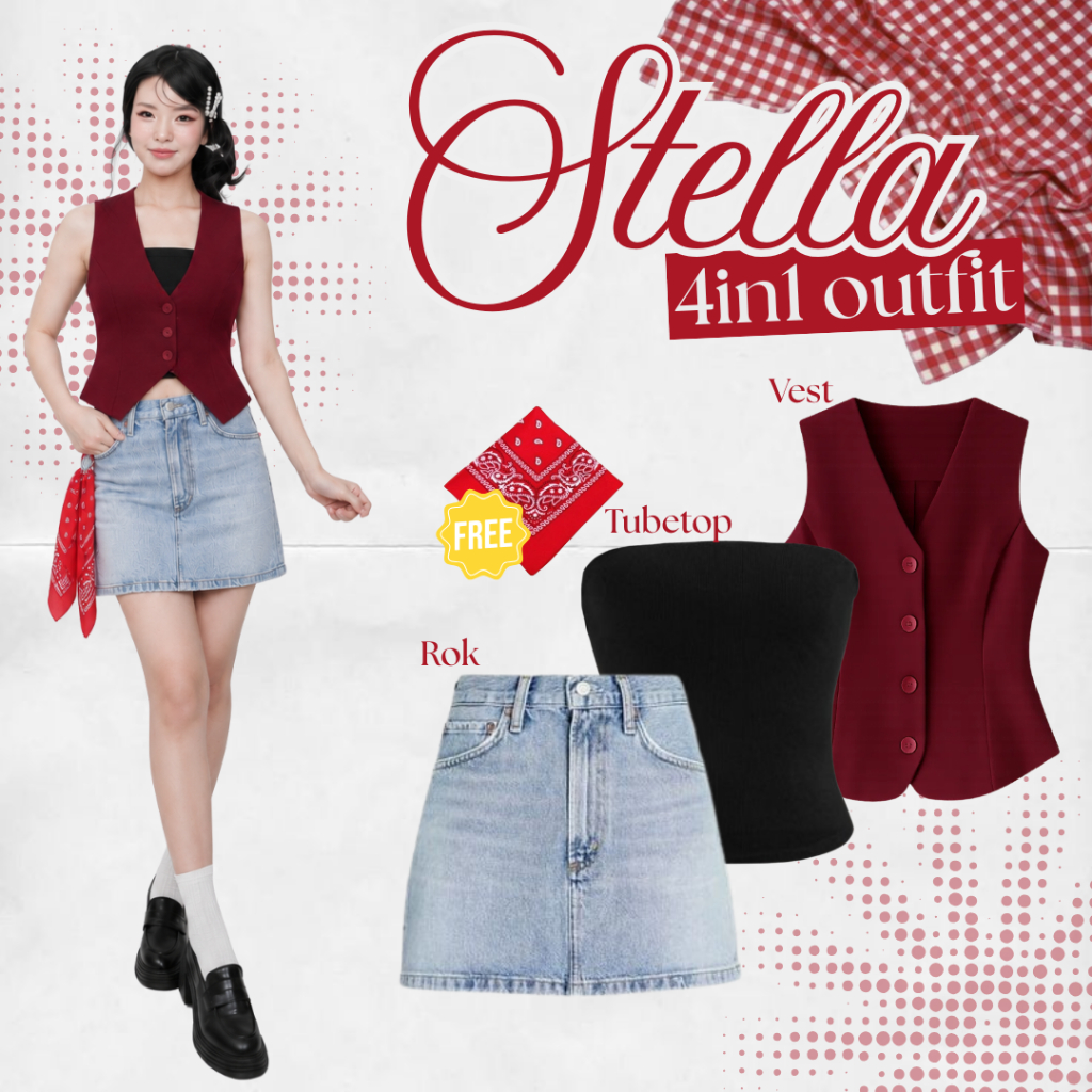 Stella 4in1 One Set Outfit Yearbook Rockstar (Vest Merah, Tubetop Kemben, Rok Jeans, Scarf) DRL21