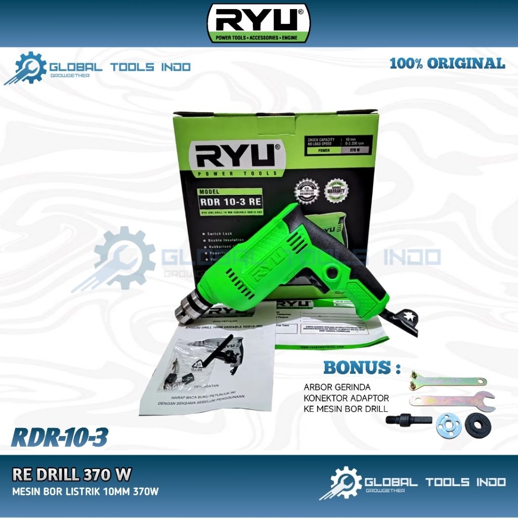 Mesin Bor Listrik Besi Kayu Baja Ringan Gypsum 10 MM Bolak Balik RDR 10-3 RE ORINAL RYU