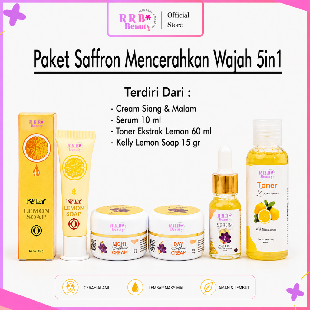 Paket Saffron Krim Siang Malam + Serum saffron + Toner Ekstrak Lemon + Kelly Lemon Soap 15gr