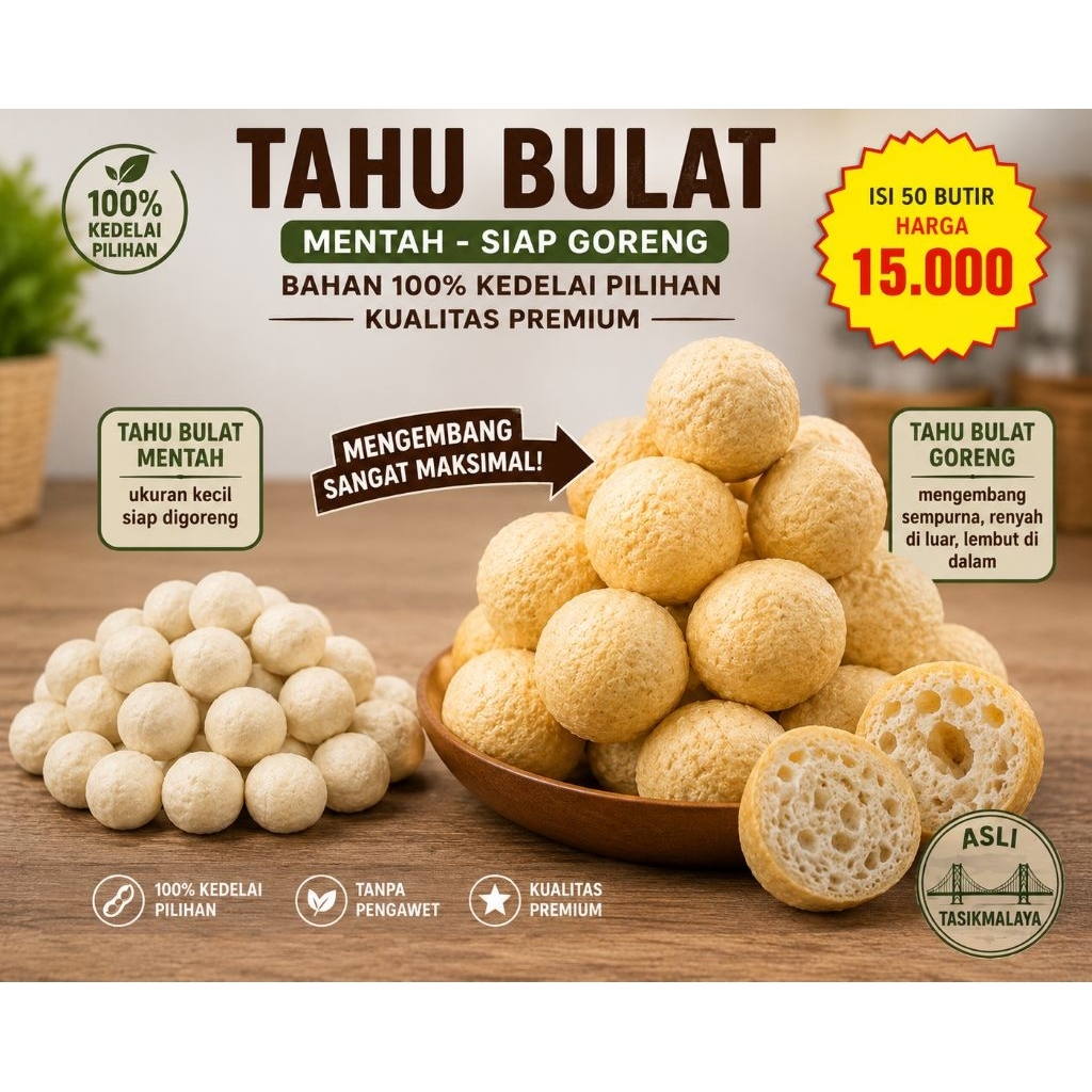 Tahu Bulat Mentah Premium 50 Butir Siap Goreng Asli Tasikmalaya 100% Kedelai Pilihan Tahu Bulat Froz