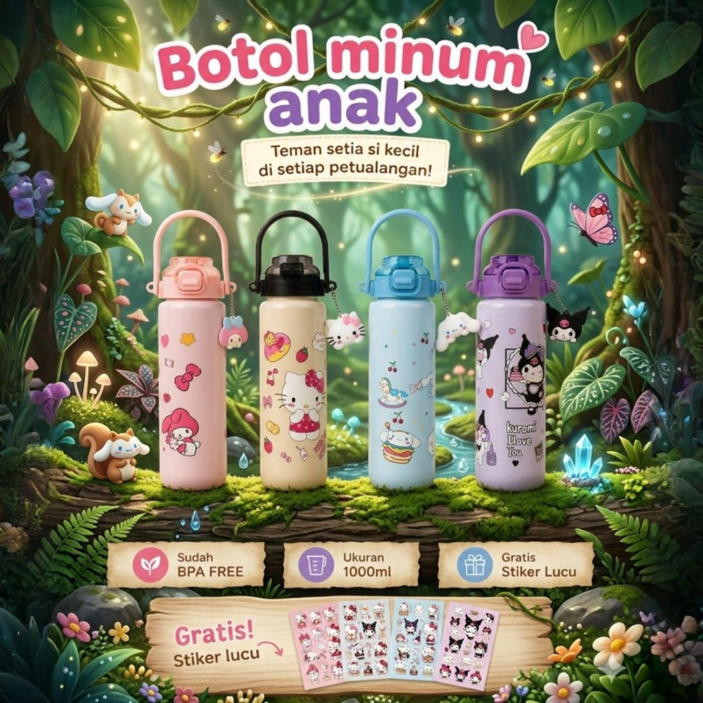 Botol Handle Big Size 1000ml Anti Bocor Bahan Plastik BPA Free Botol Minum Sedotan Bonus Stiker Cute