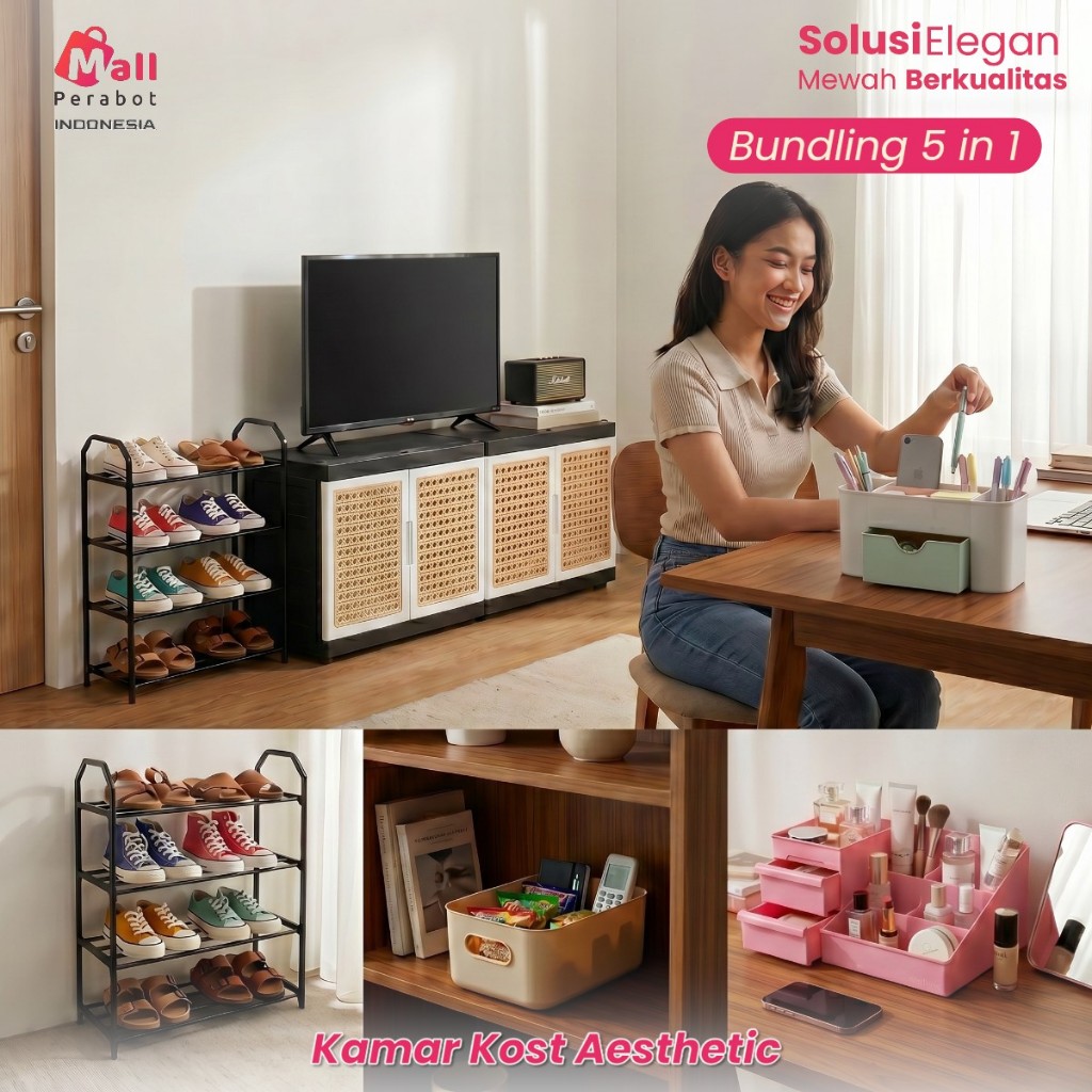 Bundling | Kamar Aesthetic Anak Kos Lemari TV Botega | Rak Sepatu Besi | Nakas Luna | Laci Kosmetik 