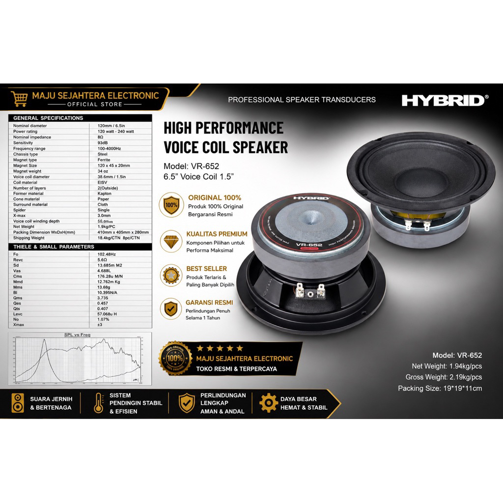 SPEAKER KOMPONEN 6,5 INCH ORIGINAL HYBRID VR-652 VR652 VR 652 GARANSI RESMI 1 TAHUN