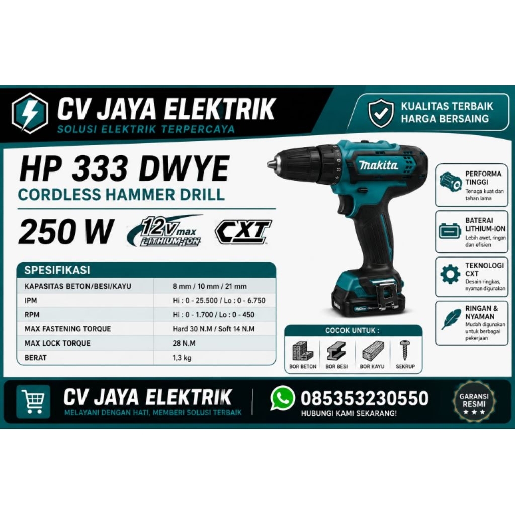 MESIN BOR BATEREI CORDLESS DRIL MAKITA HP 333 DWYE