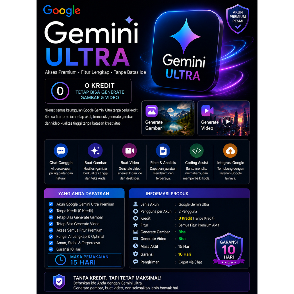 Google Gemini Ultra Sharing 15 Hari | Tanpa Kredit | AI Image & Video Generator