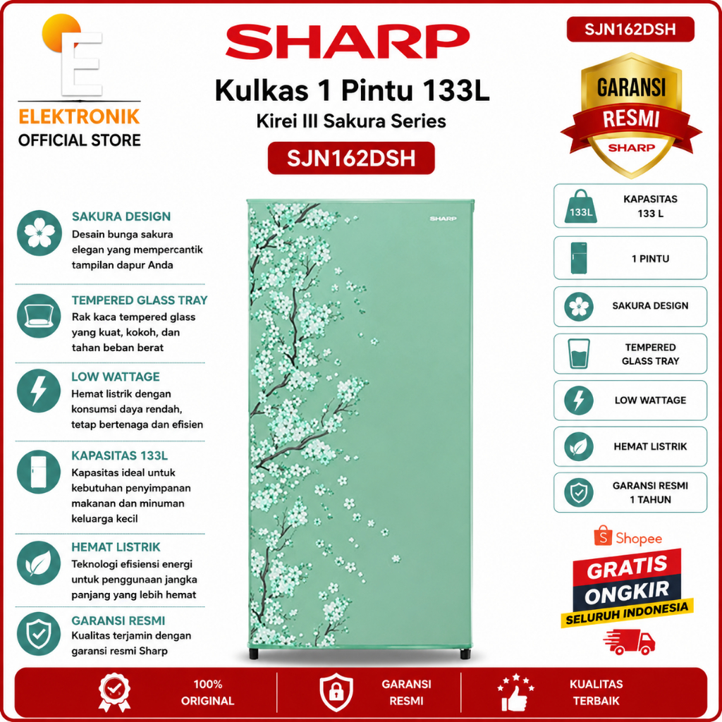 Sharp SJN162DSH Kulkas 1 Pintu 133L Sakura Design Tempered Glass Tray Kirei III Series One Door Refr