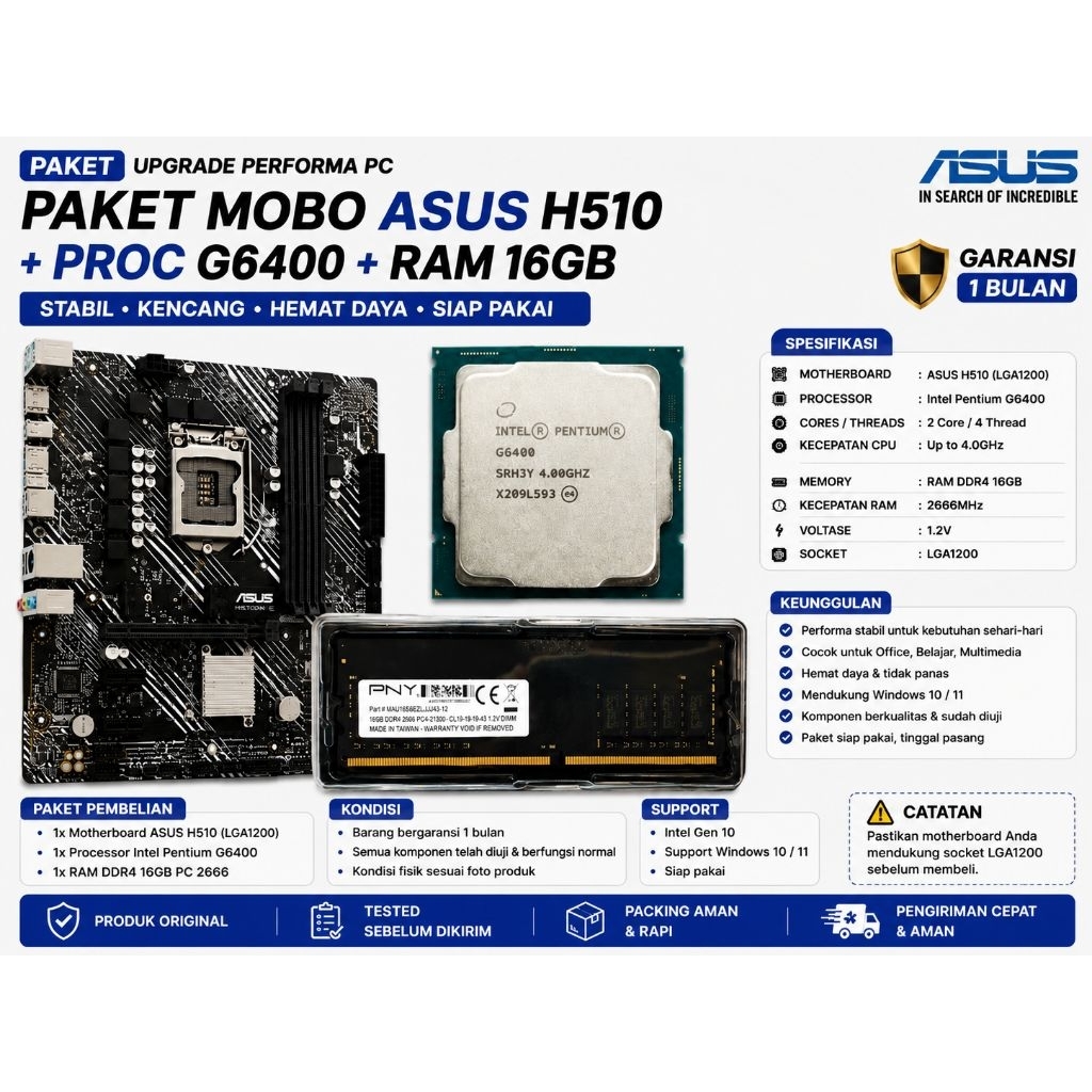 PAKET MOBO ASUS H510 + PRPC G6400 + RAM 16GB