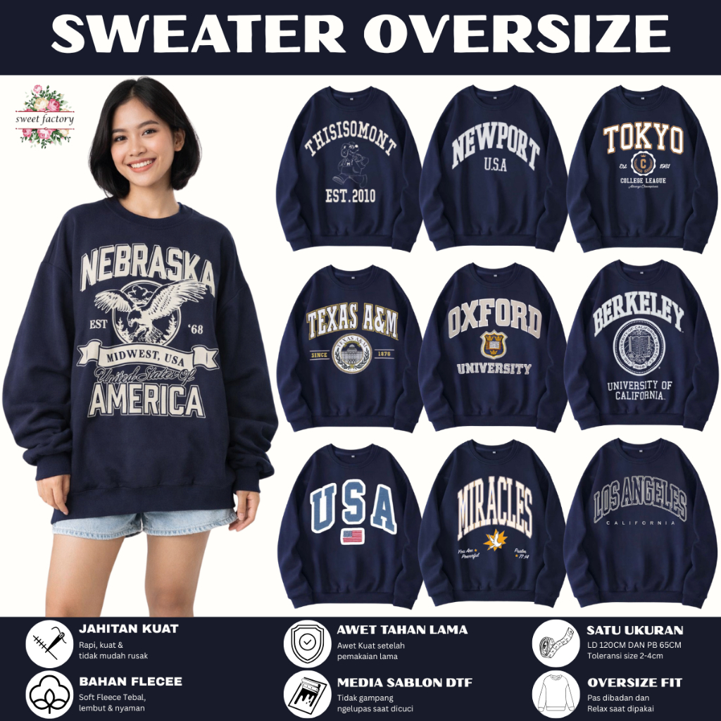 Sweater Crewneck Wanita Oversize Premium Murah Bahan Cotton Flecee Warna Navy