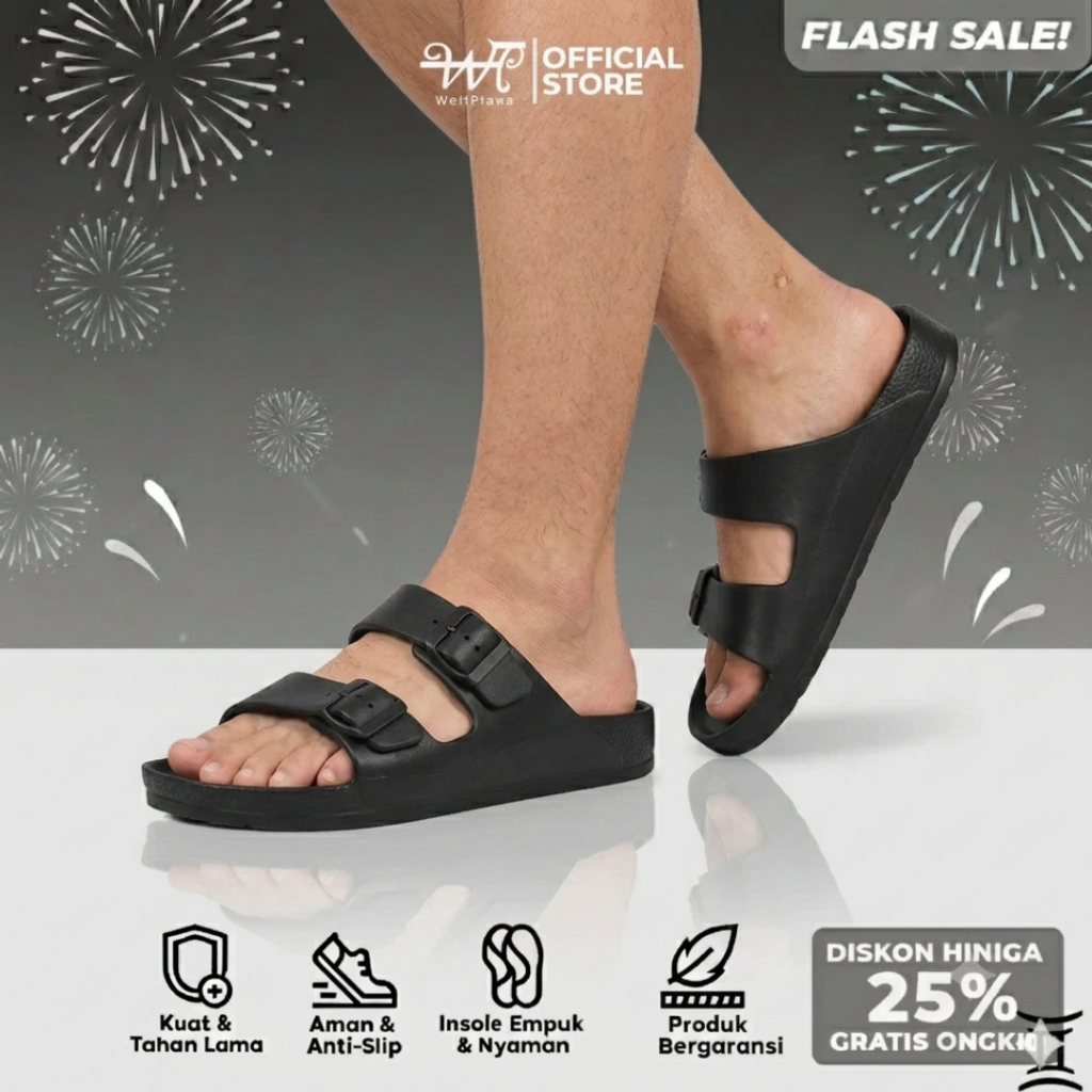 Wellplans - Sandal Slop Hitam Double Straps Ban 2 Kancing Gesper Unisex