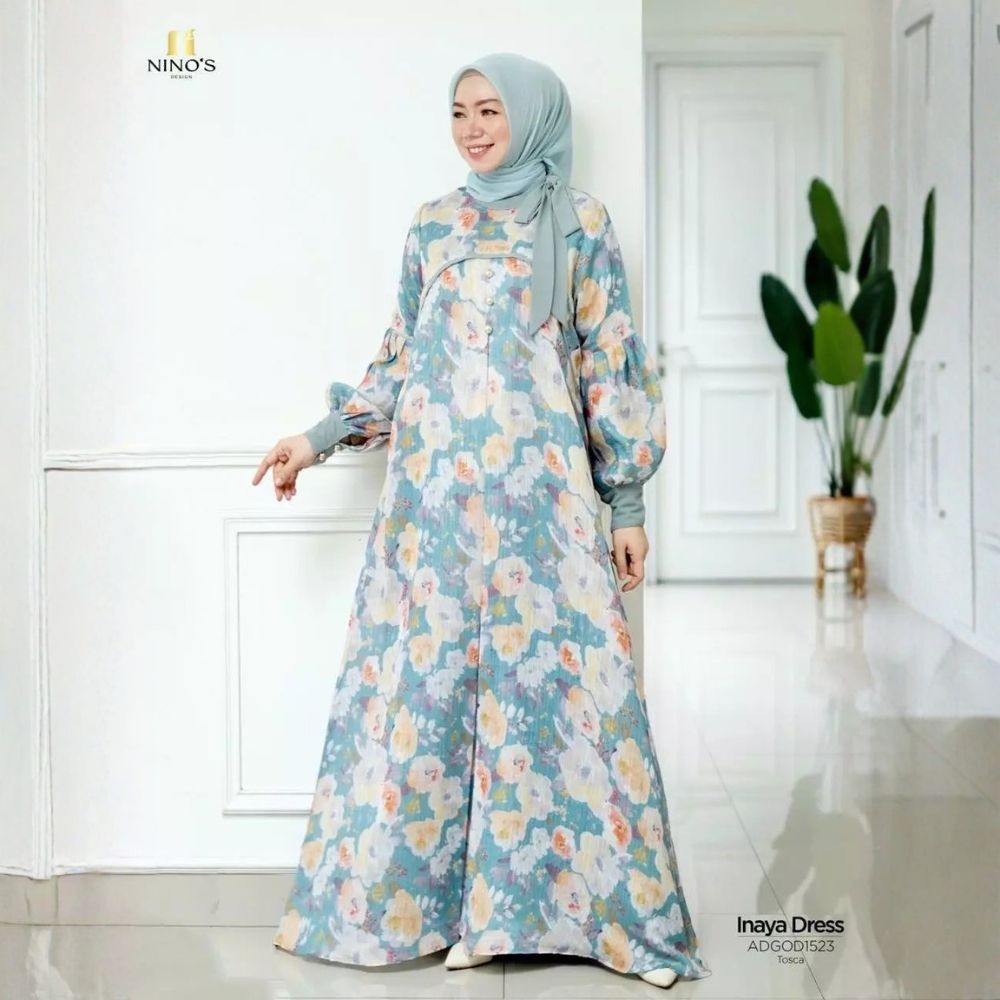 Ninos Design  Inaya Dress muslim Gamis Kondangan Motif Bunga Mewah