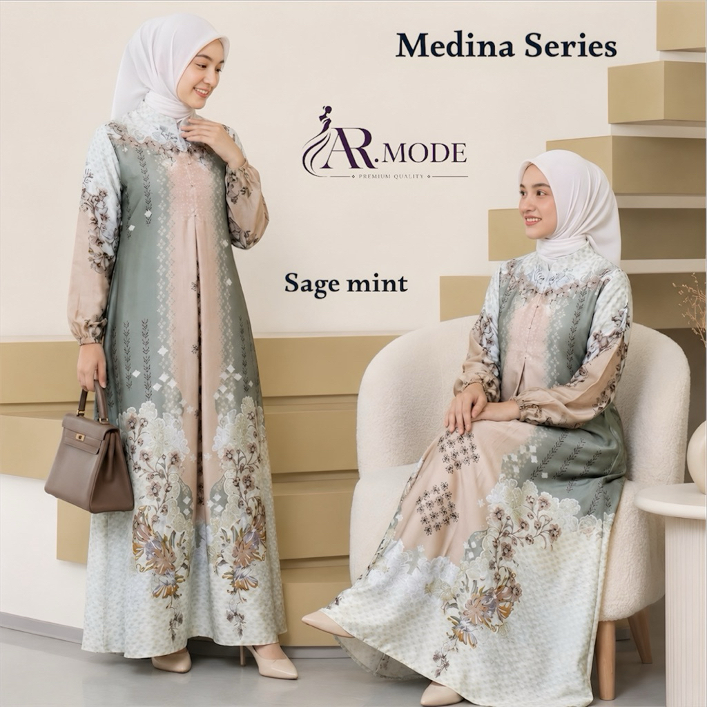 Gamis Silk Premium MEDINA Motif Bunga Busui Friendly Dress Wanita Muslim Lebaran Kondangan Adem Mewa
