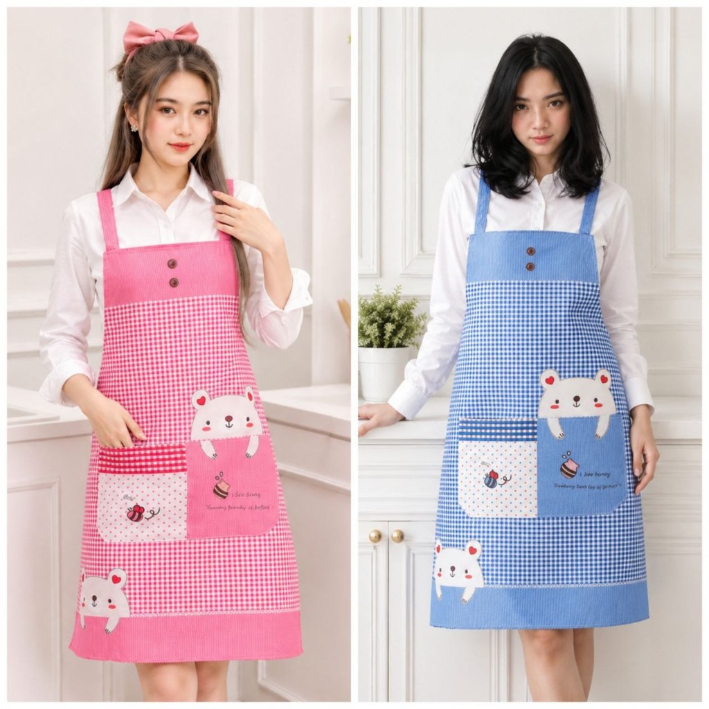 Celemek Beruang Apron Masak Motif Kotak Lucu Kantong Depan Bahan Kain Varian Merah Pink Biru