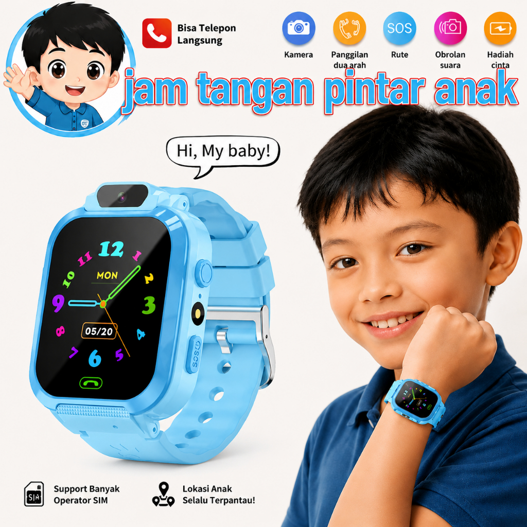 Jam Tangan Anak Q16 Jam Tangan Pintar Anak Telepon Dua Arah, IP67 Waterproof, GPS Tracking & SOS Eme