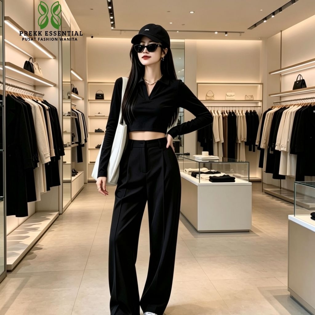 Kaos Hitam Kerah V baju kekinian fashion Korea baju casual Atasan Wanita