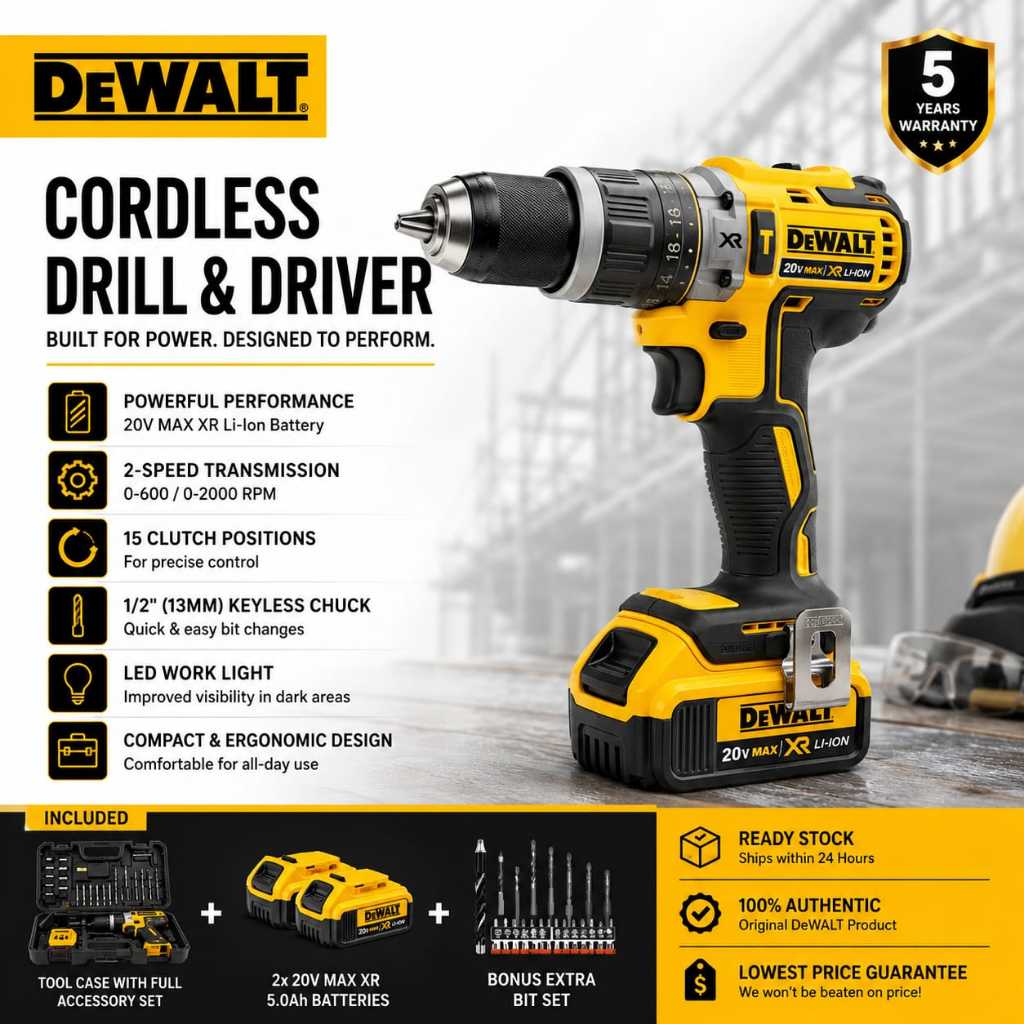 DEWALT Cordless Drill | Battery & Charger Set | Bor Tanpa Kabel Kuat & Multifungsi | Garansi 5 Tahun