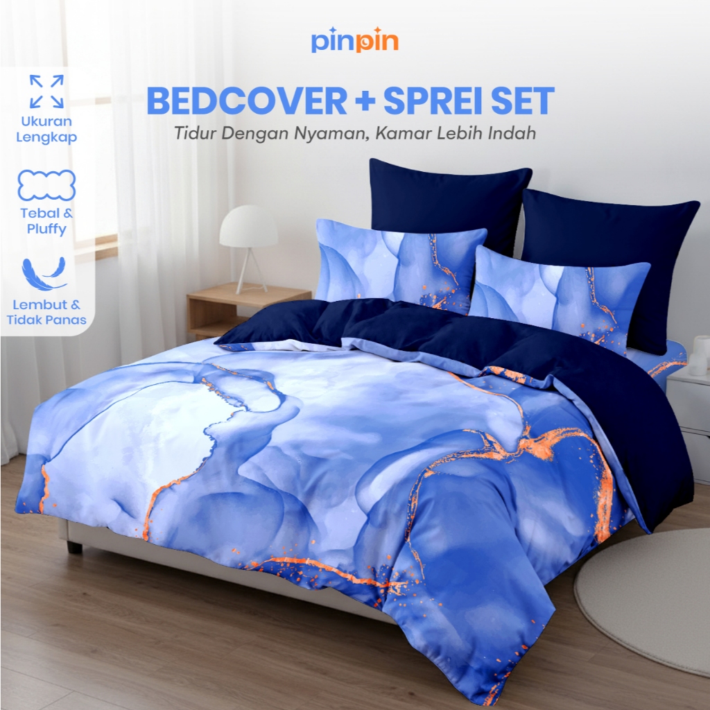 Bed Cover Set Sprei Khai Marble Mix Sapphire Ukuran Lengkap 180x200 160x200 120x200 - Pinpin Bedcove