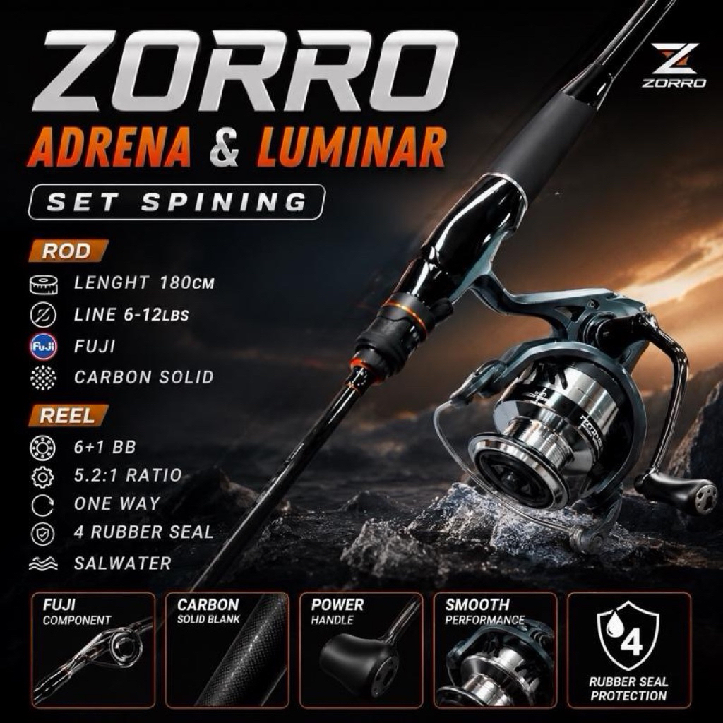 set pancing zorro adrena & reel sw luminar 2000