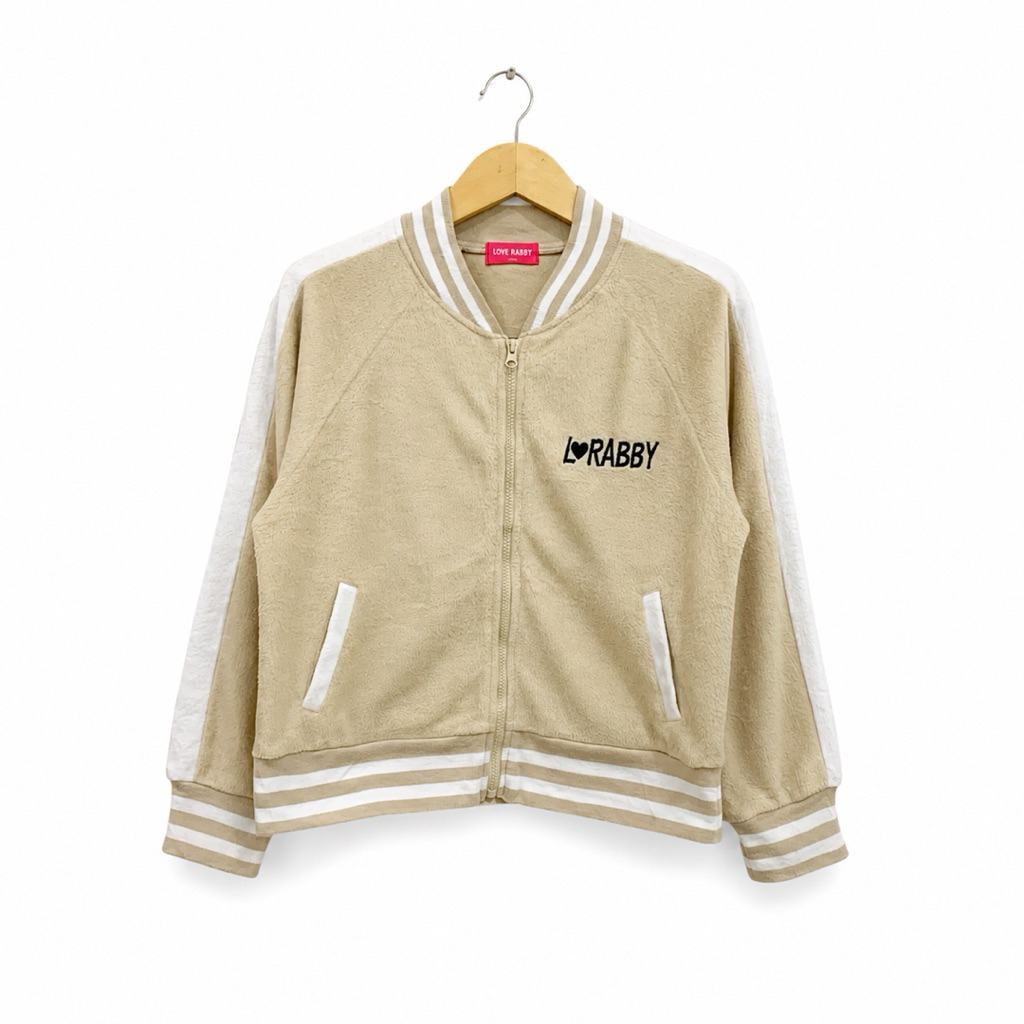 Jacket Casual Bomber Fleece LOVE RABBY Cream Beige Varsity Outerwear Original - M