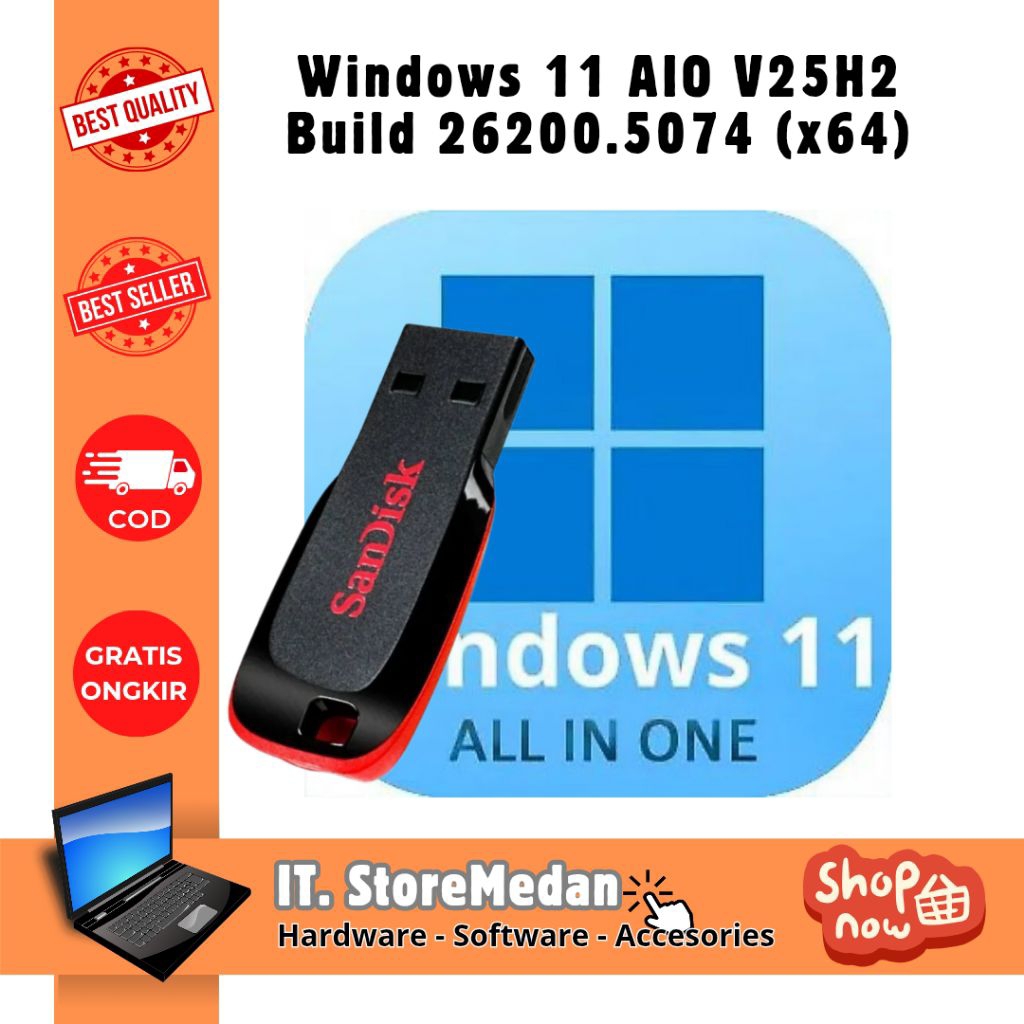 Flash Disk 8GB Windows 11 AIO Version 25H2 Build 26200.5074 (x64) [Non-TPM] EN-US Pre-Activated