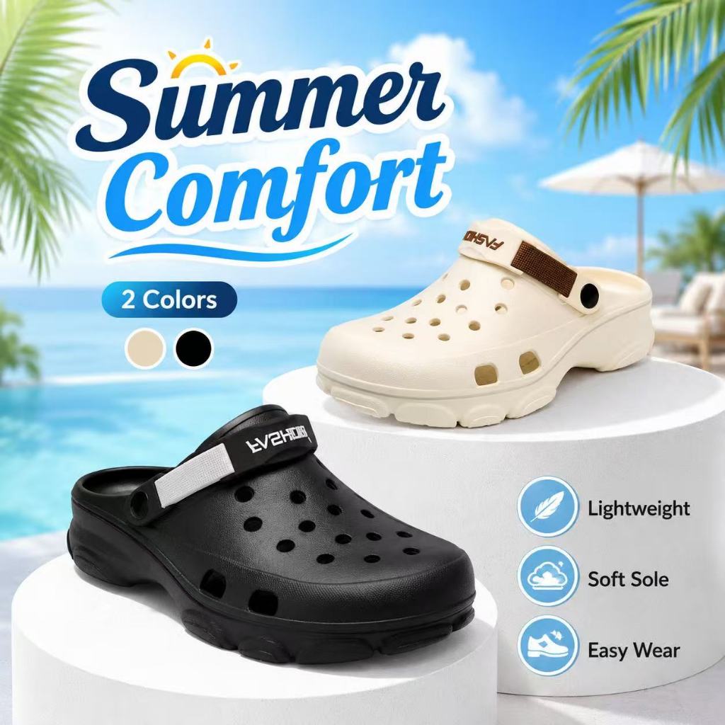 Sandal Clogs Baim Crocs Style Summer Comfort Unisex Pria Wanita 2 Warna Cream Black | Sandal Slip On