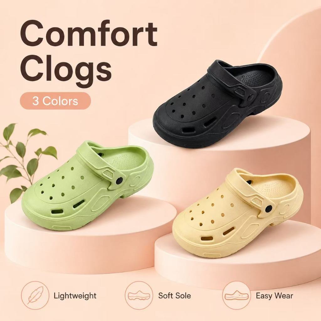 Sandal Clogs Baim Crocs Style Unisex Pria Wanita 3 Warna Black Green Cream | Sandal Slip On Karet EV
