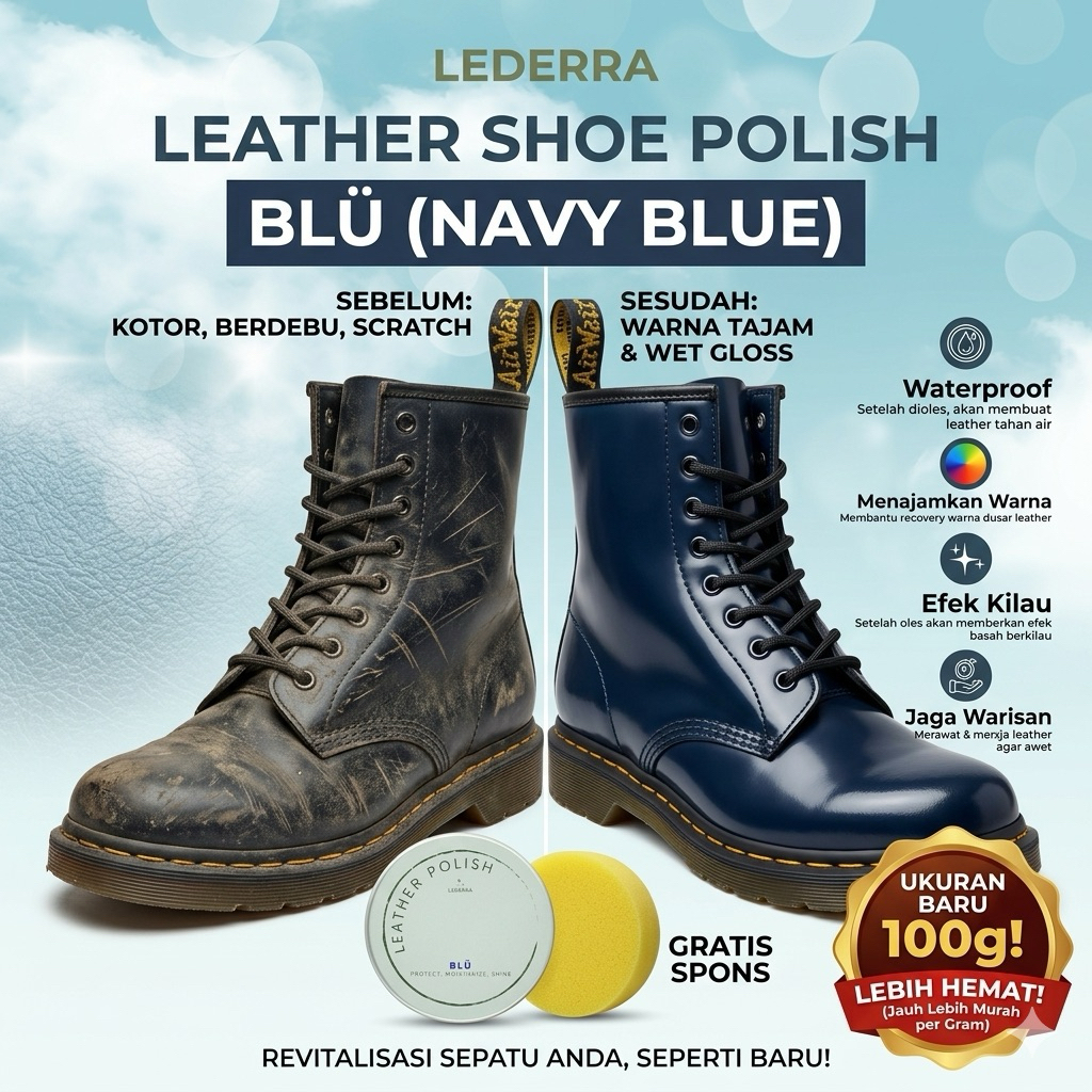 LEDERRA Blue Polish 100gram | Semir Pengkilap Sepatu Kulit Warna Biru | Leather Balm Leather Balsam 