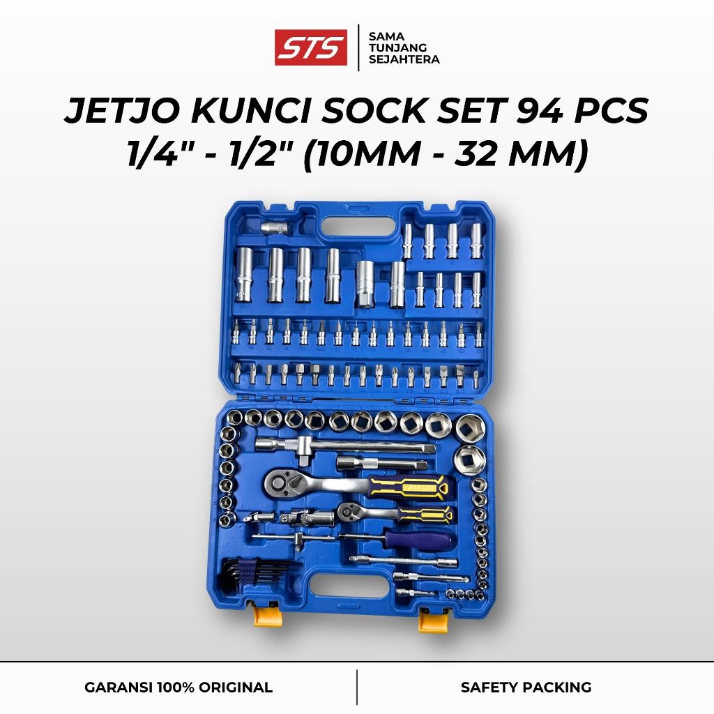 Kunci Sock Set Jetjo 94 Pcs 1/4" - 1/2" Inch 6 PT 8mm - 32mm (Box Plastik) - Hand Socket Set - Koper