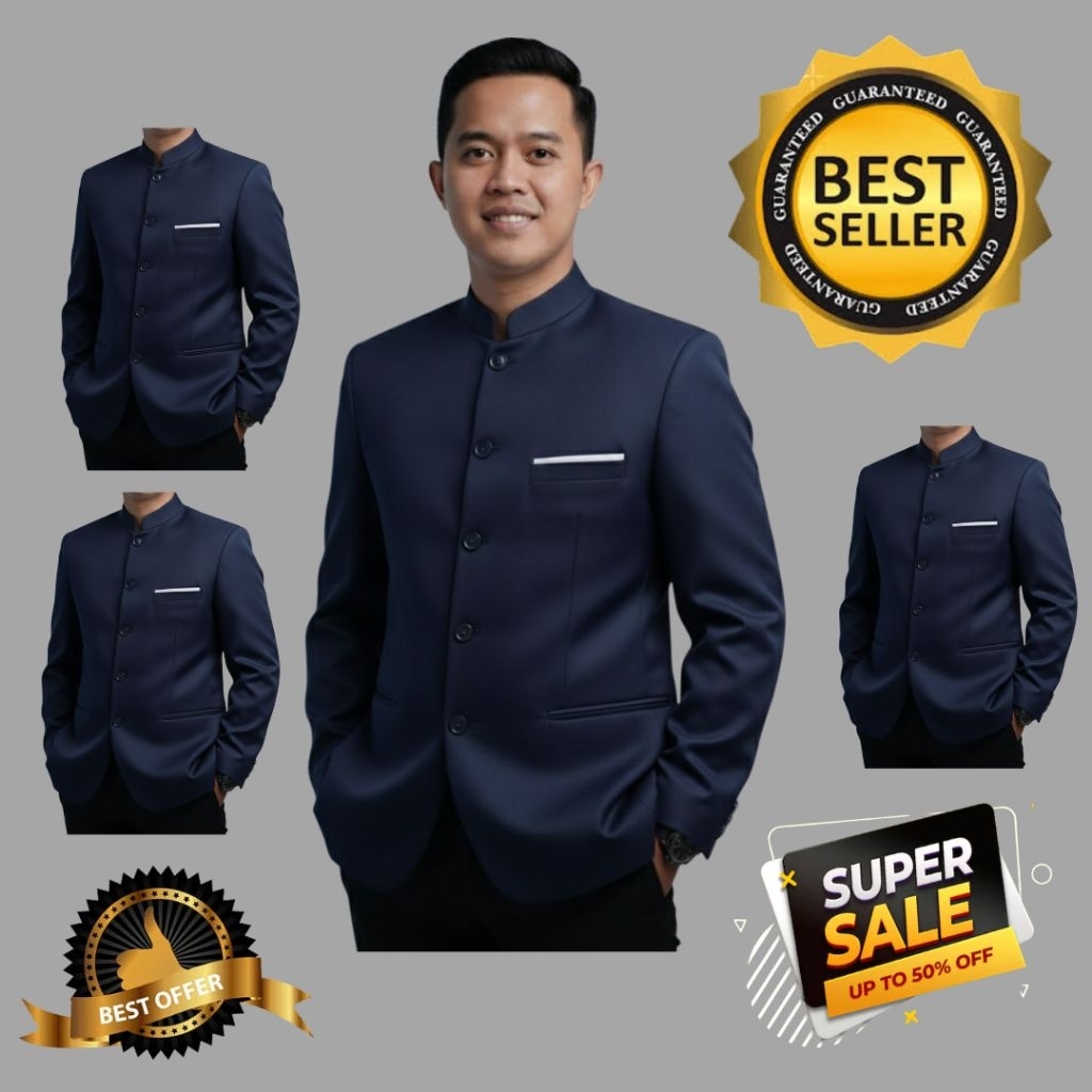 Jas Koko Jasko Mandarin Pria Warna Biru Tua / Dongker List saku putih