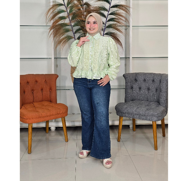 Blouse Kemeja Renda Bunga Blouse Atasan Wanita Lengan Panjang