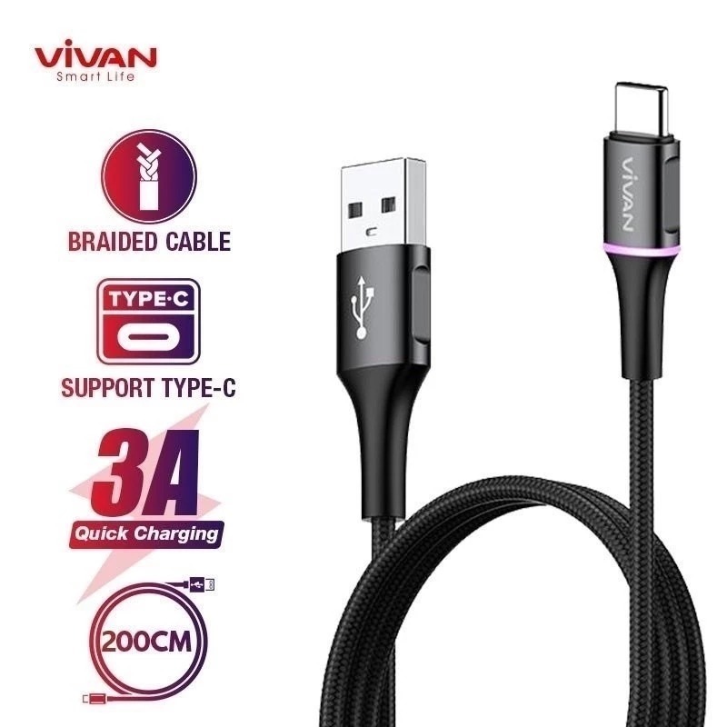 VIVAN VDC200 Kabel Data Type C 200cm 3A LED Colorful Fast Charging Black