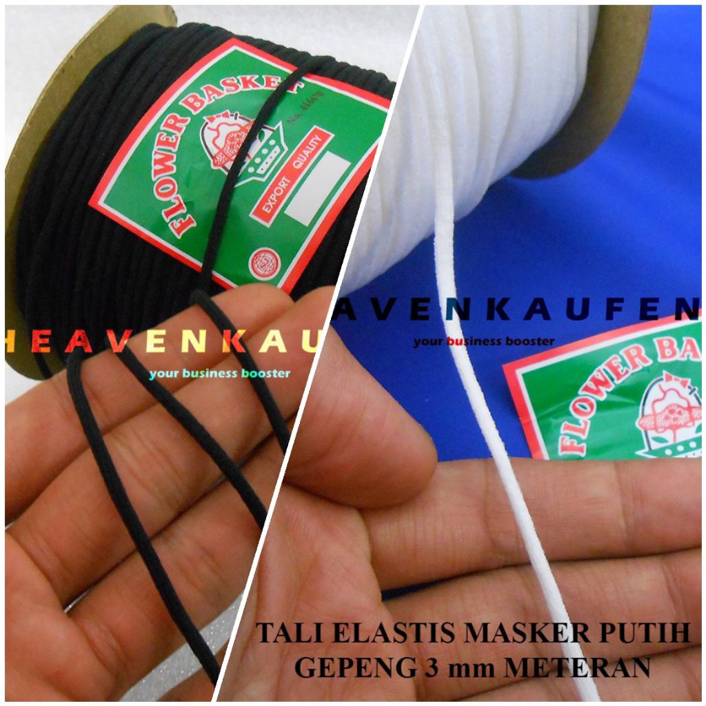 Tali Elastis 3 mm Masker karet Gepeng hitam putih Merk Flower Basket Meteran