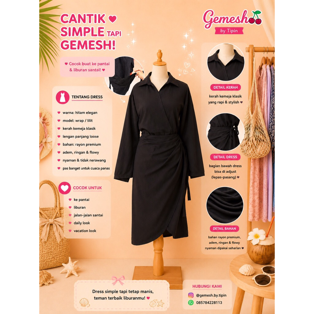 dress hitam kerah formal santai classy dinner model lilit pantai bludru preloved gemes lucu murah co