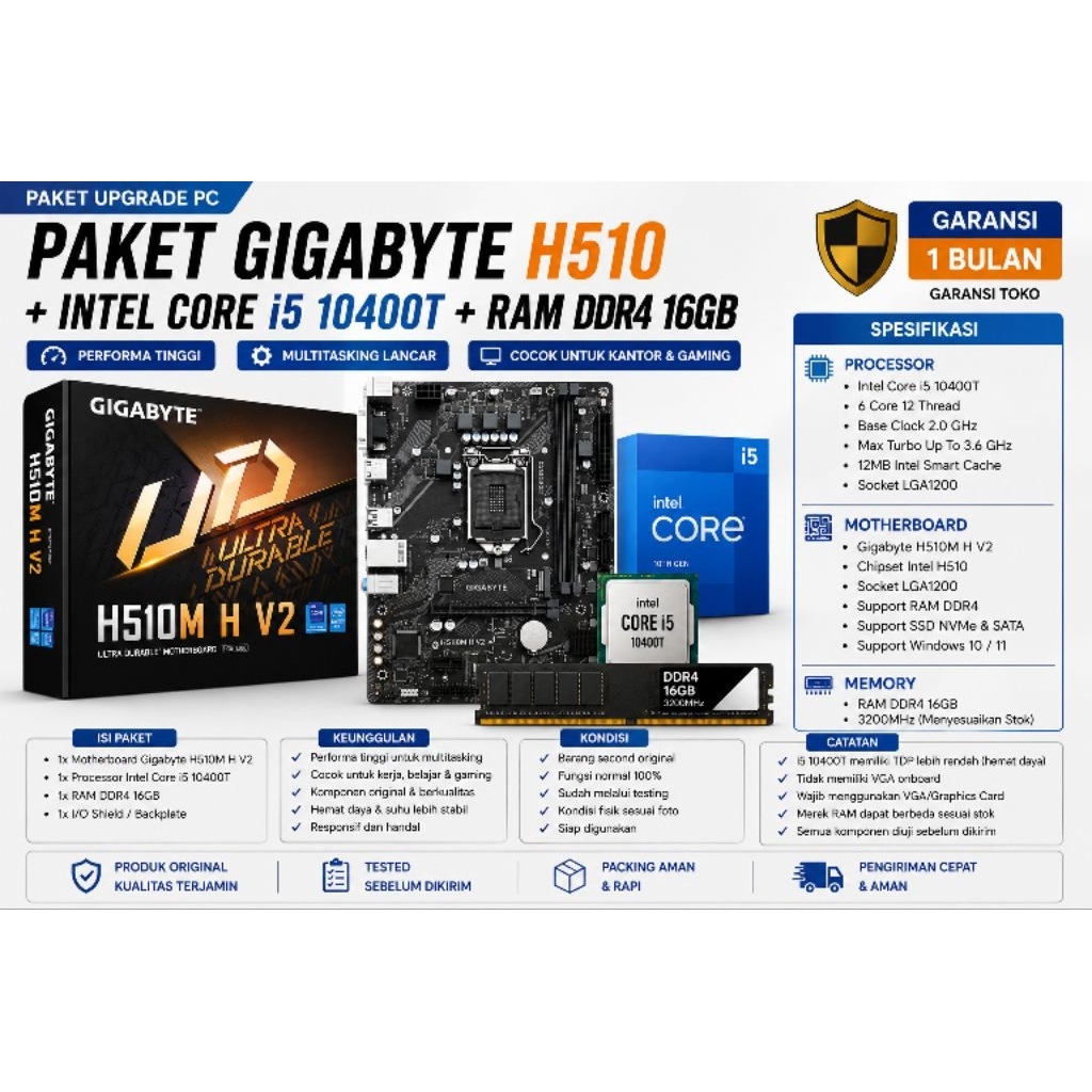 PAKET MOBO GIGABYTE H510 + I5 10400T + RAM 16GB