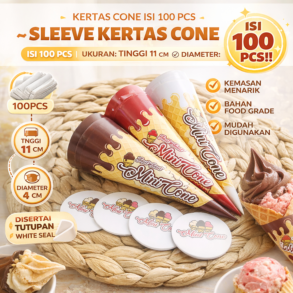Kemasan Cone Kerupuk Eskrim Kertas Corn Es Cream KErtas Cone Es Krim Waffle 100 pcs