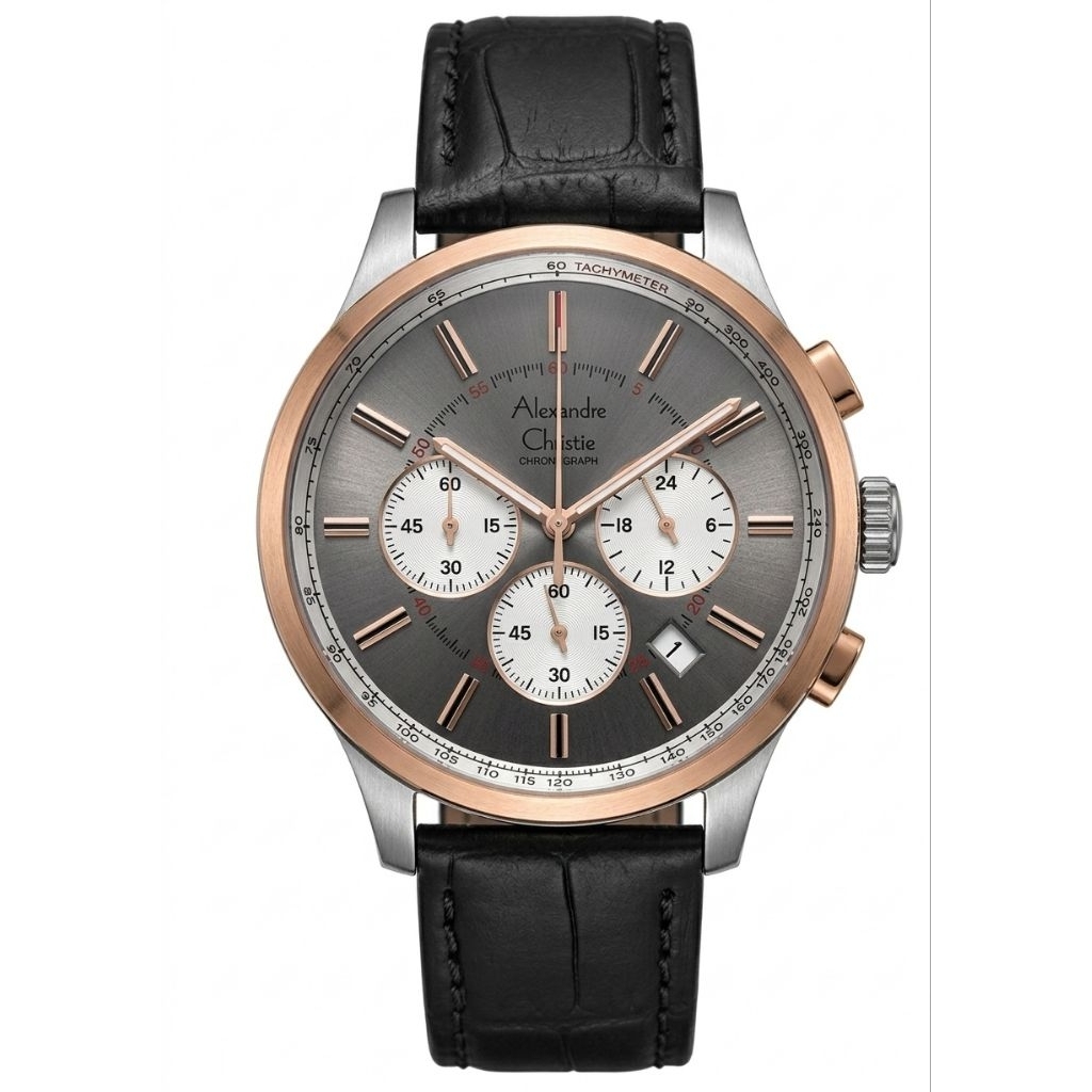 Jam Tangan Alexandre Christie 6574MC Tali Kulit Hitam Dasar Abu Cowok